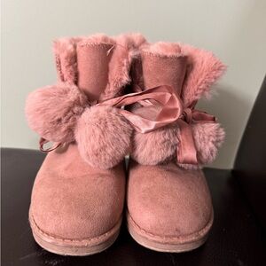 Pink Suede Boots with Fur Pom Poms